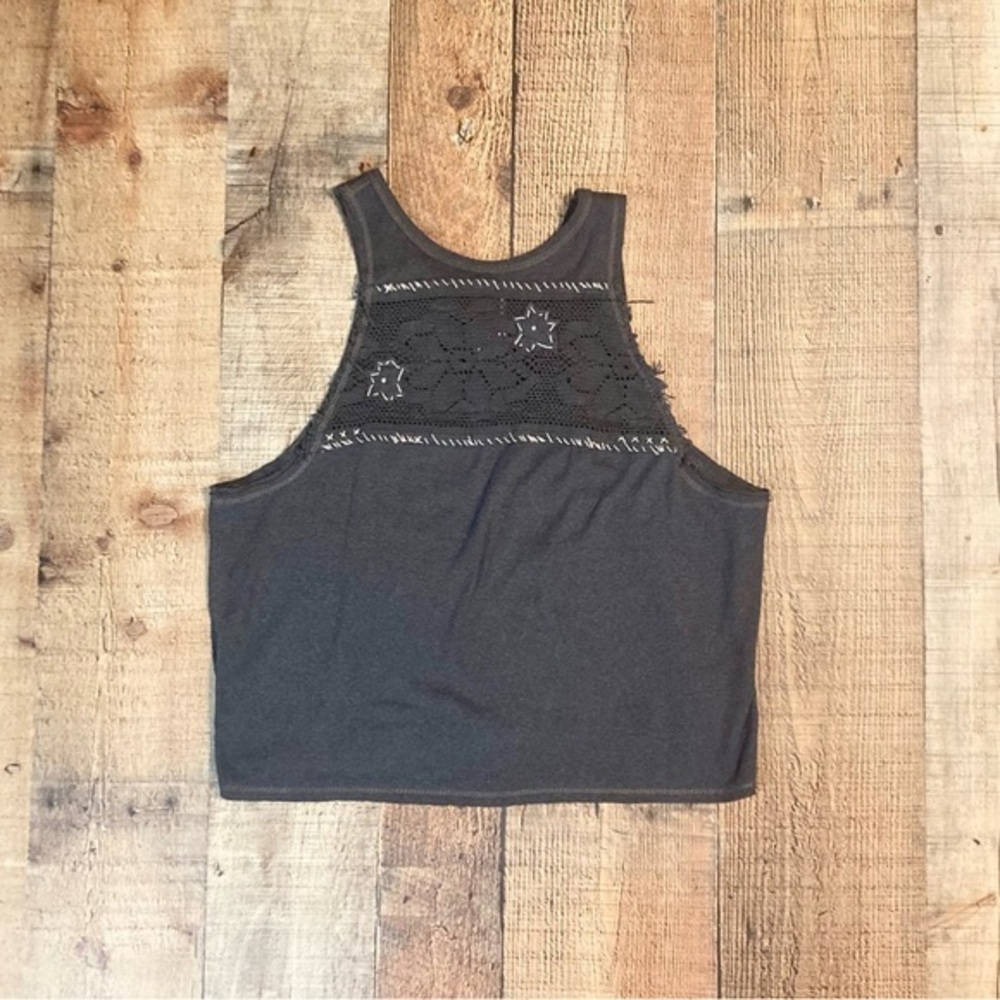 We The Free Free People Grey Lace Embroidered Crop Tank Top XS‎ Charcoal Ribbed